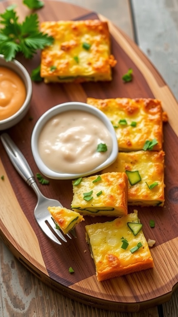 Savory zucchini slice cut into squares, garnished with herbs, on a wooden board with a fork and dipping sauce.